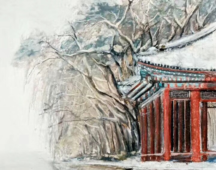 油畫棒基礎(chǔ)教程，油畫棒畫佛系畫風(fēng)的風(fēng)雪江亭